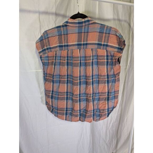 LOFT Dolman Plaid Short Sleeve Button Down Orange and Blue Top Size Medium - Picture 2 of 5